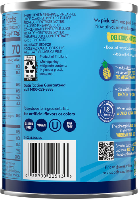 Dole Pineapple Tidbits In 100% Juice 20 OZ