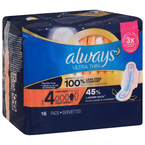 Always Ultra Thin Overnight Pads with Flexi-Wings, Size 4, Overnight, Unscented, 16 Count
