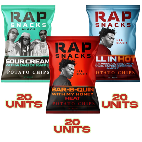 Rap Snacks Variety Box 1 (Sour Cream + Ranch, BBQ Honey Heat, All In Hot) Potato Chips - 2.5 OZ 60 Pack