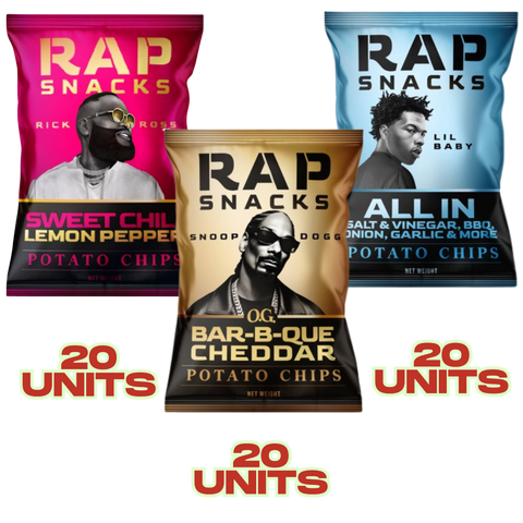 Rap Snacks Variety Box 2 (All In, OG BBQ Cheddar Chips, Sweet Chili Lemon Pepper) Potato Chips - 2.5 OZ 60 Pack
