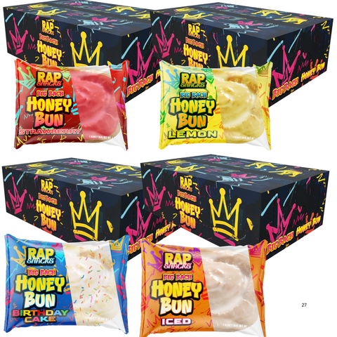 Rap Snacks Honey Buns Variety Pack 4 Flavors (Birthday Cake, Lemon, Strawberry, Iced) - 4 OZ 48 Pack