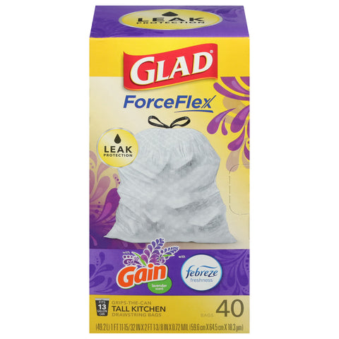 Glad ForceFlex Plus Febreze Mediterranean Lavender 13 Gallon Tall Kitchen Drawstring Bags 40 CT