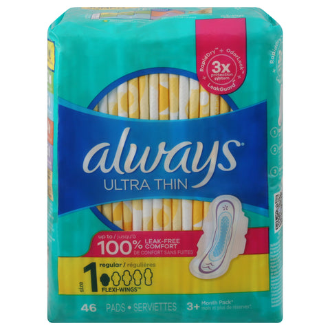 Always Ultra Thin Feminine Pads with Wings for Women, Size 1, Regular Absorbency, Unscented, 46 Count
