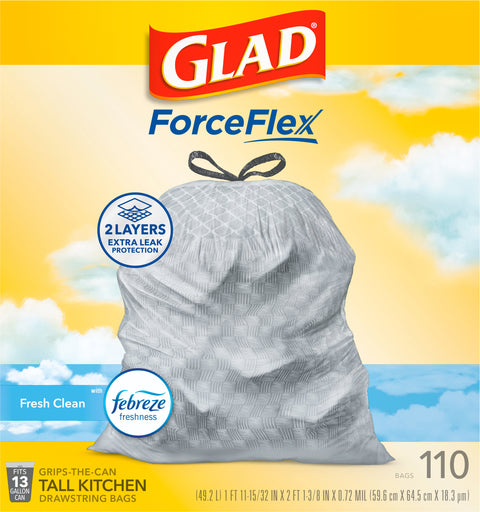 Glad ForceFlex Febreze Fresh Clean 13 Gallon Tall Kitchen Drawstring Bags 110 CT