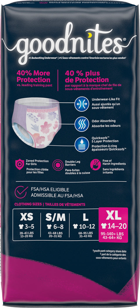 Goodnites Girls' Nighttime Bedwetting Underwear, Size Extra Large (95-140+ lb.), 9 Ct