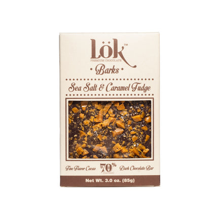 Lok Foods US Lok Sea Salt & Caramel Fudge Dark Chocolate Bark 70% Cacao Colombian Origin - 3 oz 22 Pack