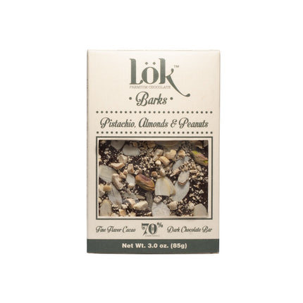 Lok Foods US Lok Pistachio, Almonds & Peanuts Dark Chocolate Bark 70% Cacao Colombian Origin - 3 oz 22 Pack
