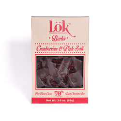 Lok Foods US Lok Cranberries & Pink Salt Chocolate Bark 70% Cacao Colombian Origin - 3 oz 22 Pack