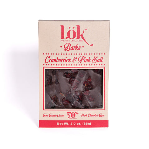 Lok Foods US Lok Cranberries & Pink Salt Chocolate Bark 70% Cacao Colombian Origin - 3 oz 22 Pack