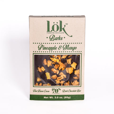 Lok Foods US Lok Pineapple & Mango Dark Chocolate Bark 70% Cacao Colombian Origin - 3 oz 22 Pack