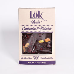 Lok Foods US Lok Cranberries & Pistachio Dark Chocolate Bark 70% Cacao Colombian Origin - 3 oz 22 Pack