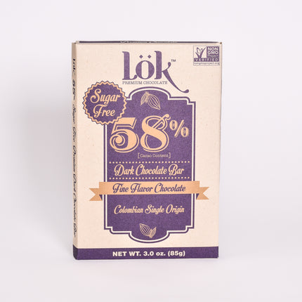 Lok Foods US Lok Dark Chocolate Bar 58% Cacao Colombian Origin Sugar Free - 3 oz 24 Pack