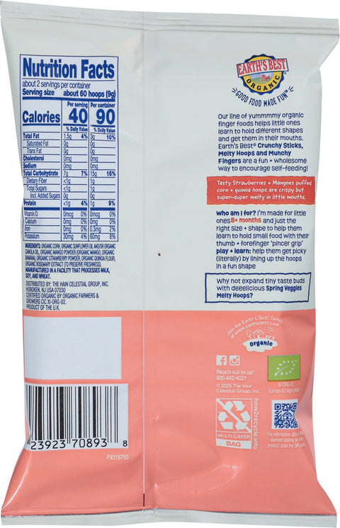 Earth's Best Organic Organic Ages 8 m+ Melty Hoops Strawberries + Mangoes Puffed Corn Snack 0.7 oz