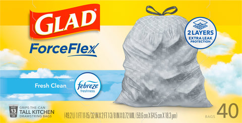 Glad ForceFlex Febreze Fresh Clean 13 Gallon Tall Kitchen Drawstring Bags 40 CT