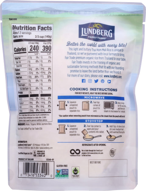 Lundberg Organic Gluten Free White Jasmine Thai Hom Mali Rice 8 OZ