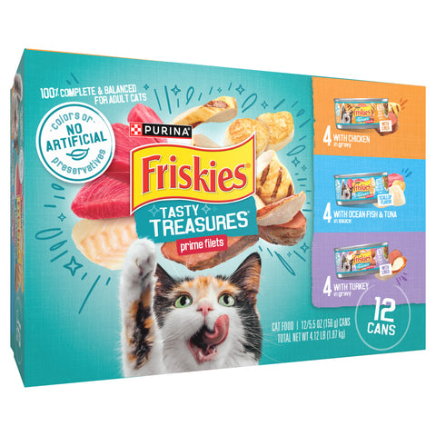 Friskies Tasty Treasures Variety Prime Filets Adult with Chicken in Gravy/with Ocean Fish & Tuna in Sauce/with Turkey in Gravy Cat Food 12 4.12 LB