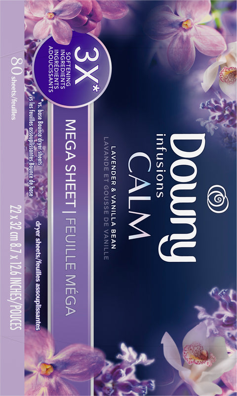 Downy Infusions Mega Dryer Sheets, Laundry Fabric Softener, CALM, Lavender and Vanilla Bean, 80 Count