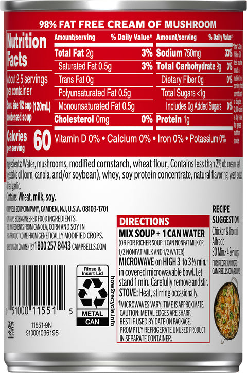 Campbell's 98% Fat Free Soup Cream Of Mushroom 10.5 OZ