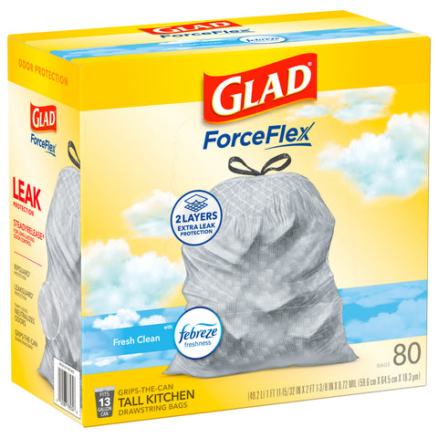 Glad ForceFlex Febreze Fresh Clean 13 Gallon Tall Kitchen Drawstring Bags 80 CT
