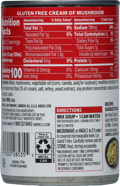Campbell's Red And White Soup Gluten Free Cream of Mushroom- 10.5 OZ 12 Pack 10.5 OZ