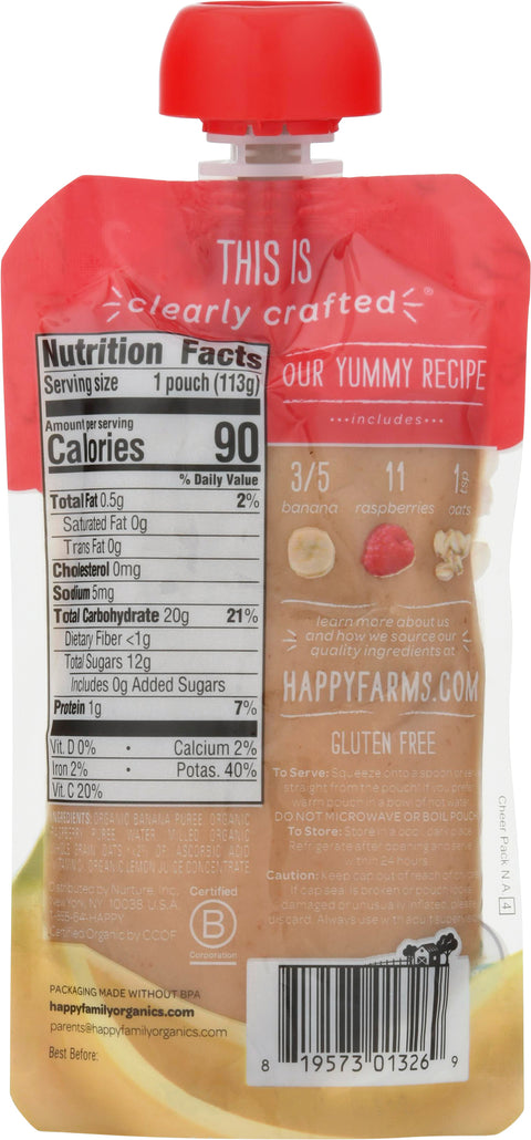 HappyBaby Organics Organic 2 (6+ Months) Bananas, Raspberries & Oats Baby Food 4 oz