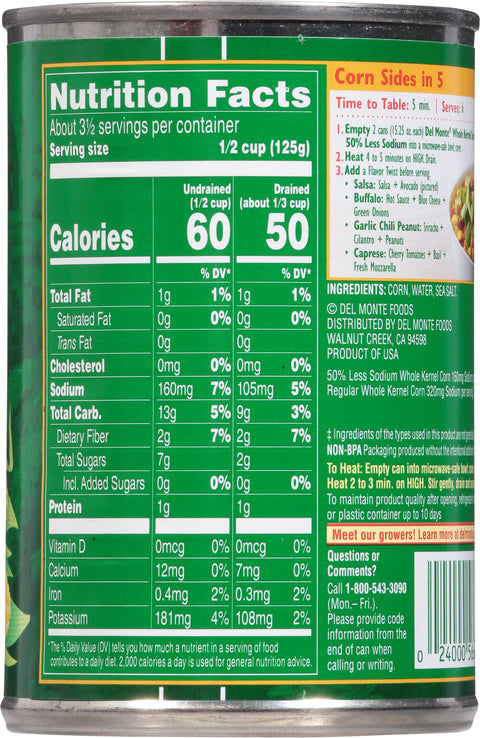 Del Monte Vegetables Fresh Cut Whole Kernel Corn Less Salt 15.25 OZ
