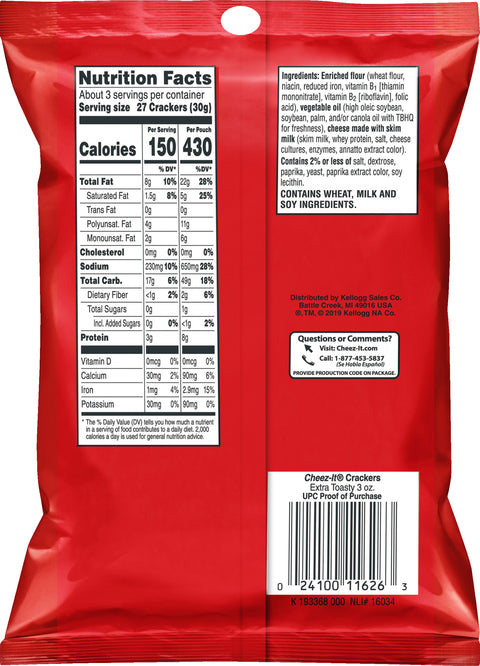 Kelloggs Cheez It Bags Extra Toasty Baked Snack Crackers 3 OZ