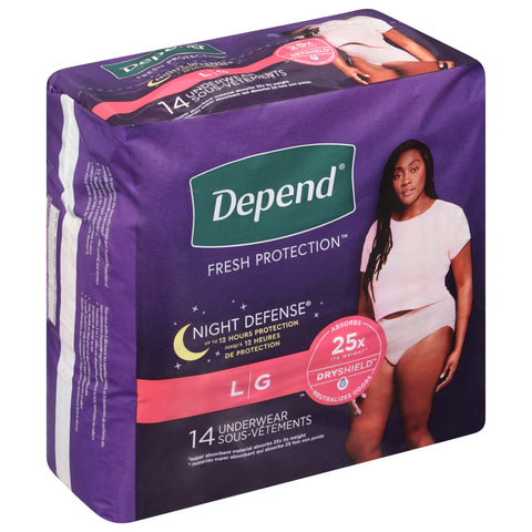 Depend Fresh Protection Night Defense Underwear L 14 ea