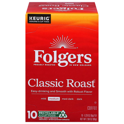 Folgers Medium Classic Roast Coffee 10 - 0.28 oz K-Cup Pods - 6 Pack