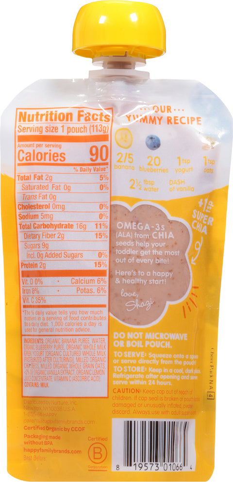 HappyTot Organics Super Morning 4 (Tots & Tykes) Organic Bananas, Blueberries, Yogurt & Oats Fruit, Yogurt & Grain Blend 4 oz