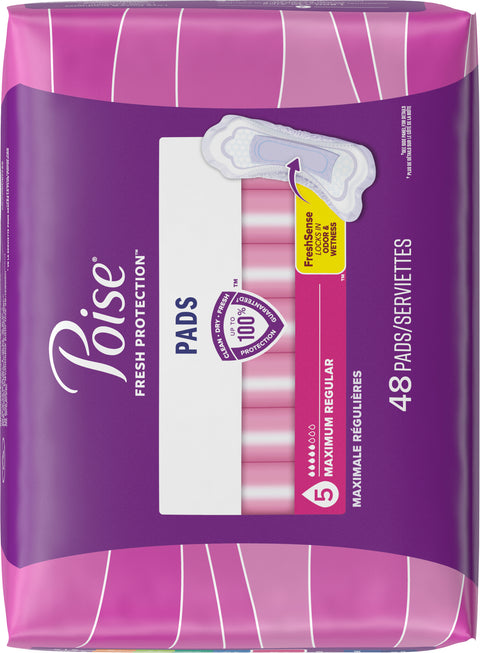 Poise Incontinence Pads & Postpartum Incontinence Pads, 5 Drop Maximum Absorbency, Regular Length, 48 Count