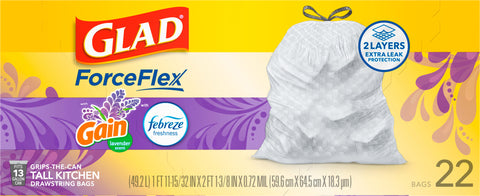 Glad Tall Kitchen ForceFlex Drawstring Lavender Odor Shield Trash Bags 22 CT