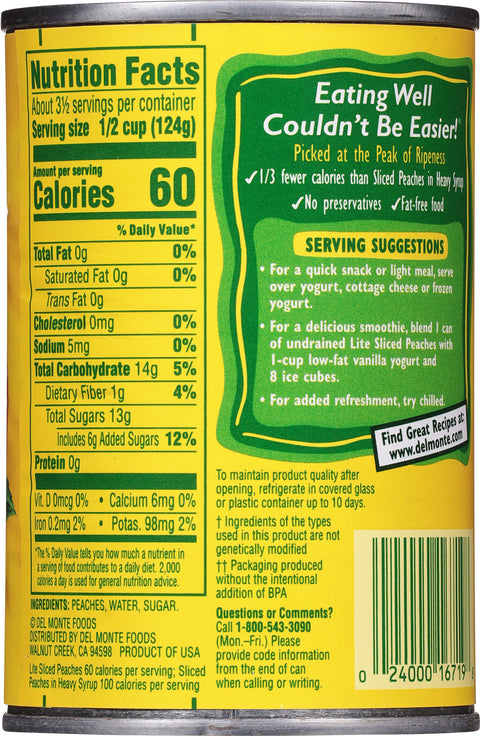 Del Monte Lite Sliced Peaches Yellow Cling 15 OZ