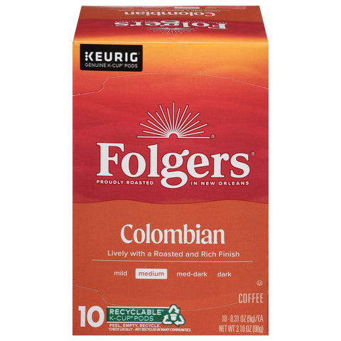Folgers Medium Colombian Coffee 10 - 0.31 oz K-Cup Pods - 6 Pack