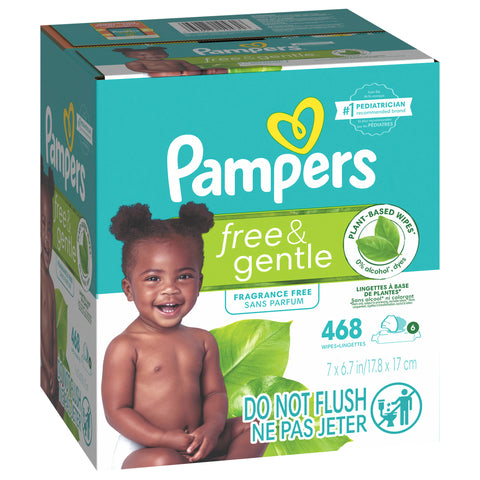 Pampers Free & Gentle 100% Plant-Based Fragrance Free Baby Wipes, 6 pack, 468 Count