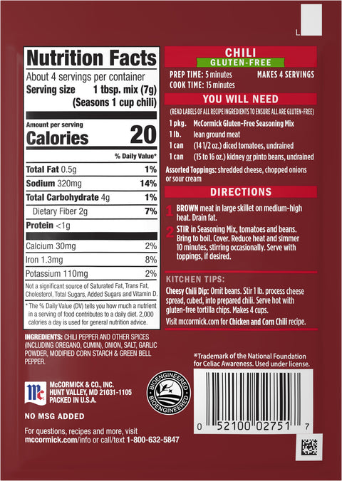 McCormick Gluten-Free Chili Seasoning - 1 OZ 12 Pack