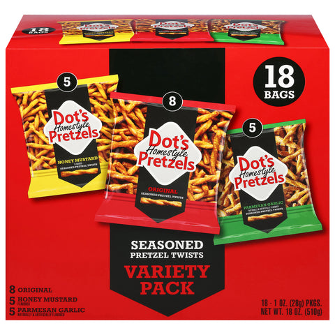 Dot's Homestyle Pretzels Seasoned Original/Honey Mustard/Parmesan Garlic Pretzel Twist 18 - 1 oz Packs - 4 Pack
