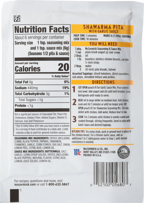 McCormick Shawarma Pita and Garlic Sauce Seasoning and Sauce 1.37 OZ