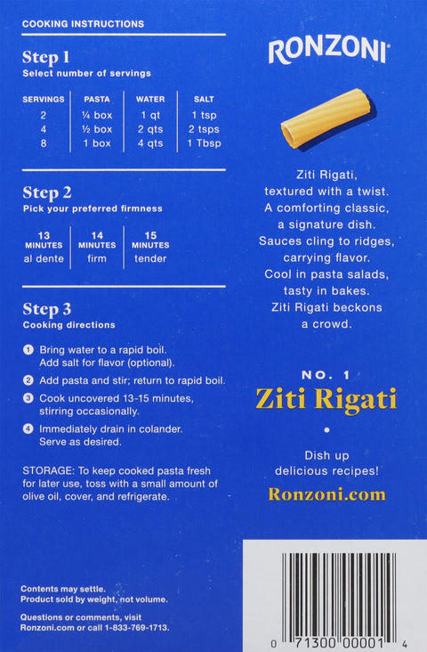 Ronzoni Ziti Rigati Pasta 16 OZ