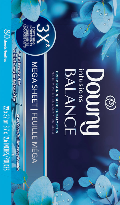 Infusions Mega Dryer Sheets, Laundry Fabric Softener, BALANCE, Crisp Rain and Blue Eucalyptus, 80 Count