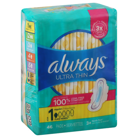 Always Ultra Thin Feminine Pads with Wings for Women, Size 1, Regular Absorbency, Unscented, 46 Count