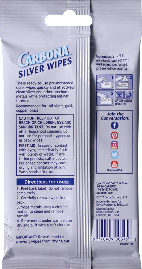 Carbona Silver Wipes Flat Pack 12 CT