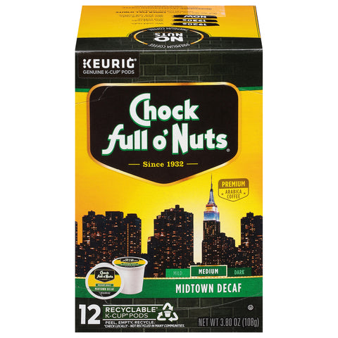 Chock Full O'Nuts Medium Arabica Midtown Decaf Coffee 12 K-Cup Pods - 6 Pack
