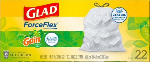 Glad Tall Kitchen ForceFlex Drawstring Original Odor Shield Trash Bags 22 CT