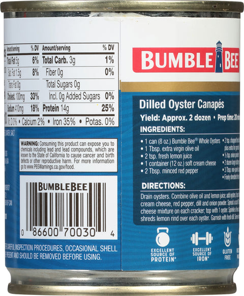 Bumble Bee Oysters Fancy Whole 8 OZ
