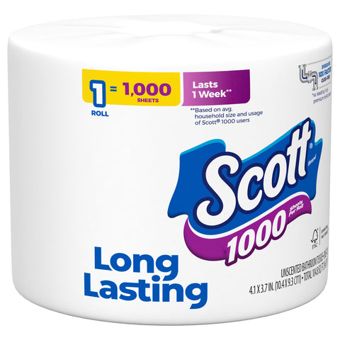 Scott 1000 Toilet Paper, 1 Roll, Septic-Safe, 1-Ply Toilet Tissue