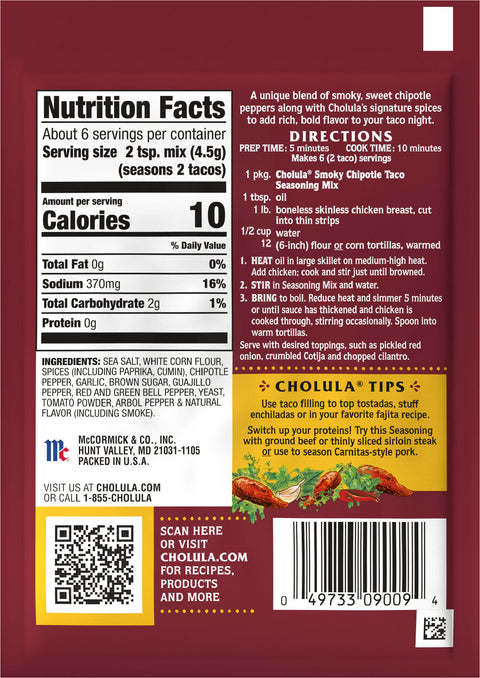 Cholula Smoky Medium Chipotle Taco Seasoning Mix 1 OZ