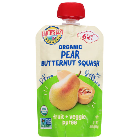Earth's Best Organic Ages 6m+ Pear Butternut Squash Fruit + Veggie Puree 3.5 oz - 12 Pack