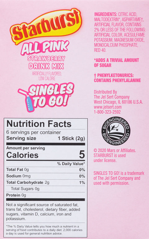 Starburst Singles to Go! Zero Sugar All Pink Strawberry Drink Mix 6 ea