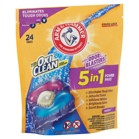 Arm & Hammer Plus OxiClean Power Paks 5 in 1 Stain Fighters Concentrated Fresh Burst Laundry Detergent with Odor Blasters 24 ea